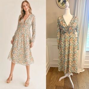 NWT Sadie & Sage Floral Midi Long Sleeve Dress - Small